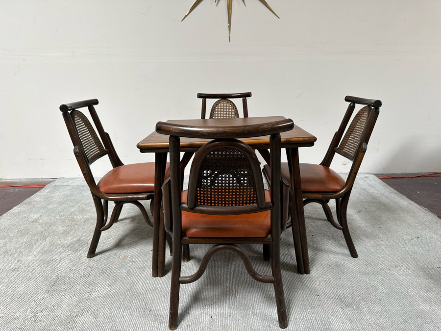 Vintage Mid-Century Chinoiserie Square Bamboo Dining Card Table 31W X 26.5H With Four Bamboo Chairs [Photo 5]