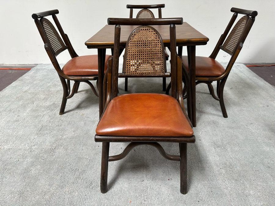Vintage Mid-Century Chinoiserie Square Bamboo Dining Card Table 31W X 26.5H With Four Bamboo Chairs [Photo 8]