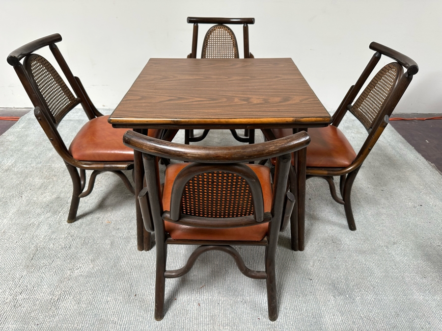 Vintage Mid-Century Chinoiserie Square Bamboo Dining Card Table 31W X 26.5H With Four Bamboo Chairs [Photo 4]