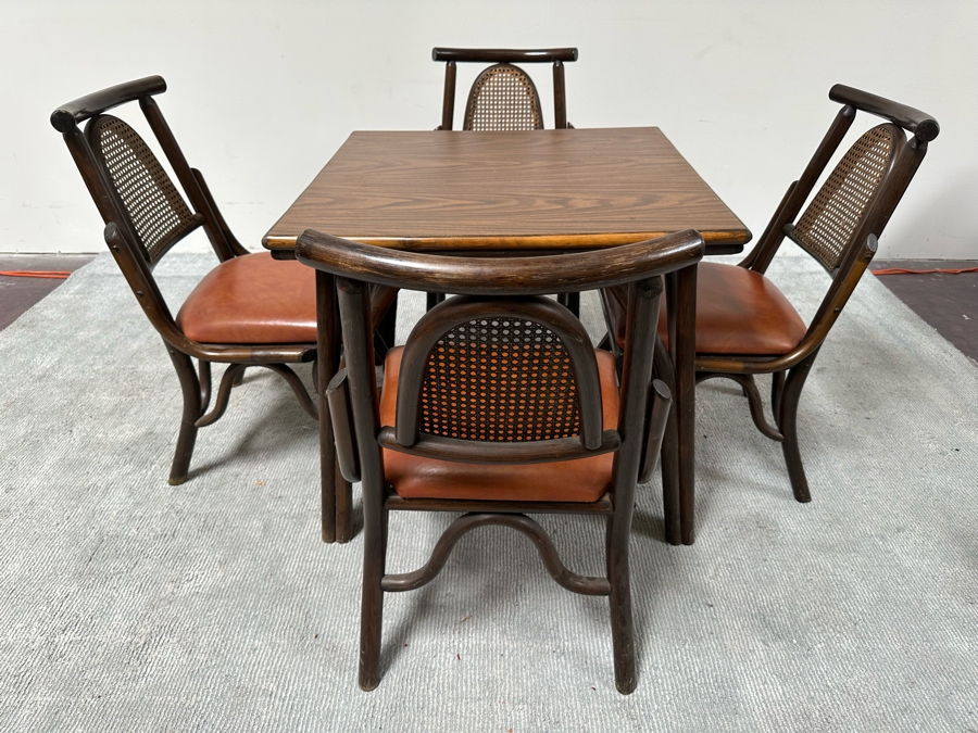 Vintage Mid-Century Chinoiserie Square Bamboo Dining Card Table 31W X 26.5H With Four Bamboo Chairs [Photo 2]