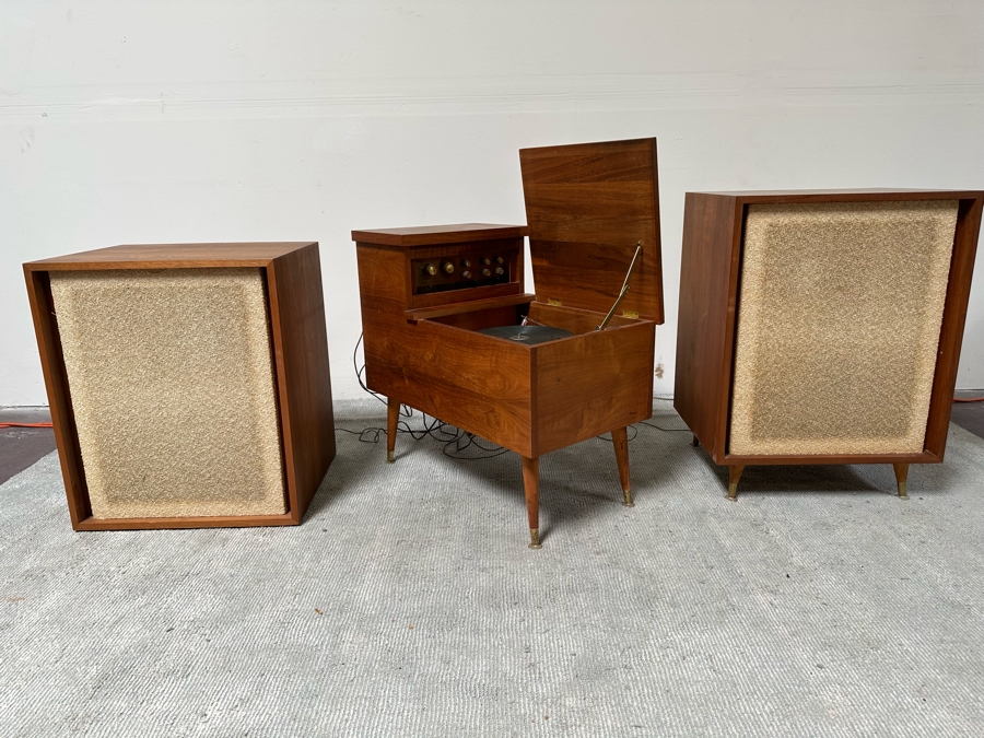 Rare Custom Mid-Century Hi-Fi Equipment John Karlson Style Speakers - Custom Mid-Century Enclosure With A Hinged Top Exposing A Thorens TD 124 Turntable Plus A DYNAKIT Model PAS Stereophonic Preamplifier Plus Tube Amplifier - Untested Equipment [Photo 33]