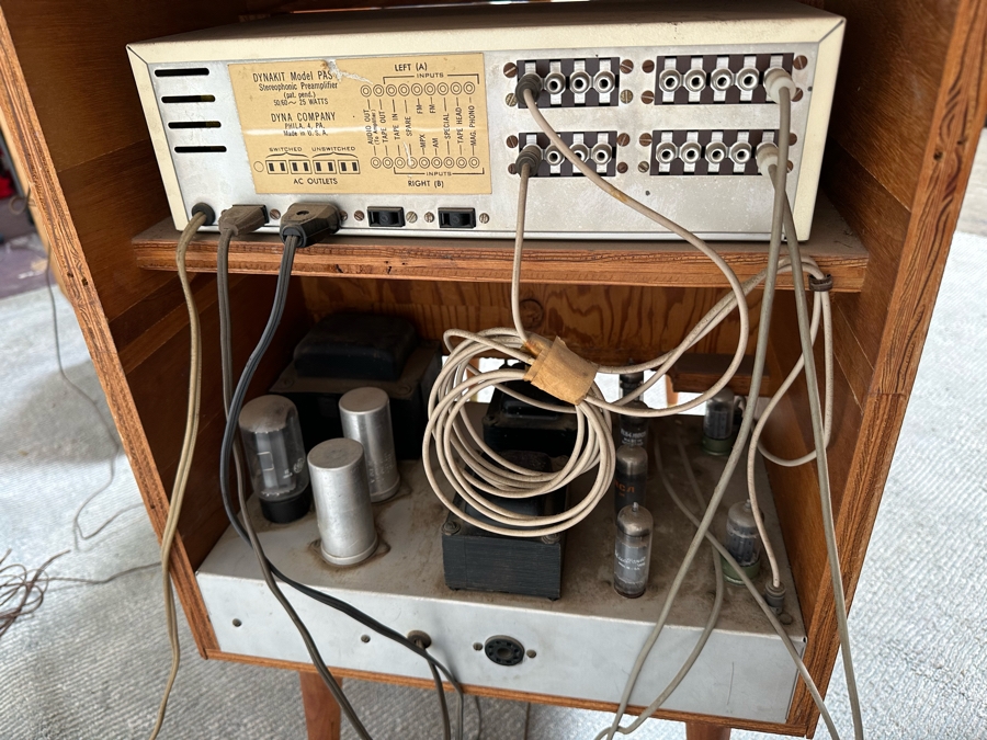 Rare Custom Mid-Century Hi-Fi Equipment John Karlson Style Speakers - Custom Mid-Century Enclosure With A Hinged Top Exposing A Thorens TD 124 Turntable Plus A DYNAKIT Model PAS Stereophonic Preamplifier Plus Tube Amplifier - Untested Equipment [Photo 9]