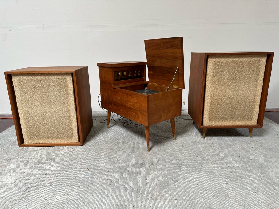 Rare Custom Mid-Century Hi-Fi Equipment John Karlson Style Speakers - Custom Mid-Century Enclosure With A Hinged Top Exposing A Thorens TD 124 Turntable Plus A DYNAKIT Model PAS Stereophonic Preamplifier Plus Tube Amplifier - Untested Equipment [Photo 32]