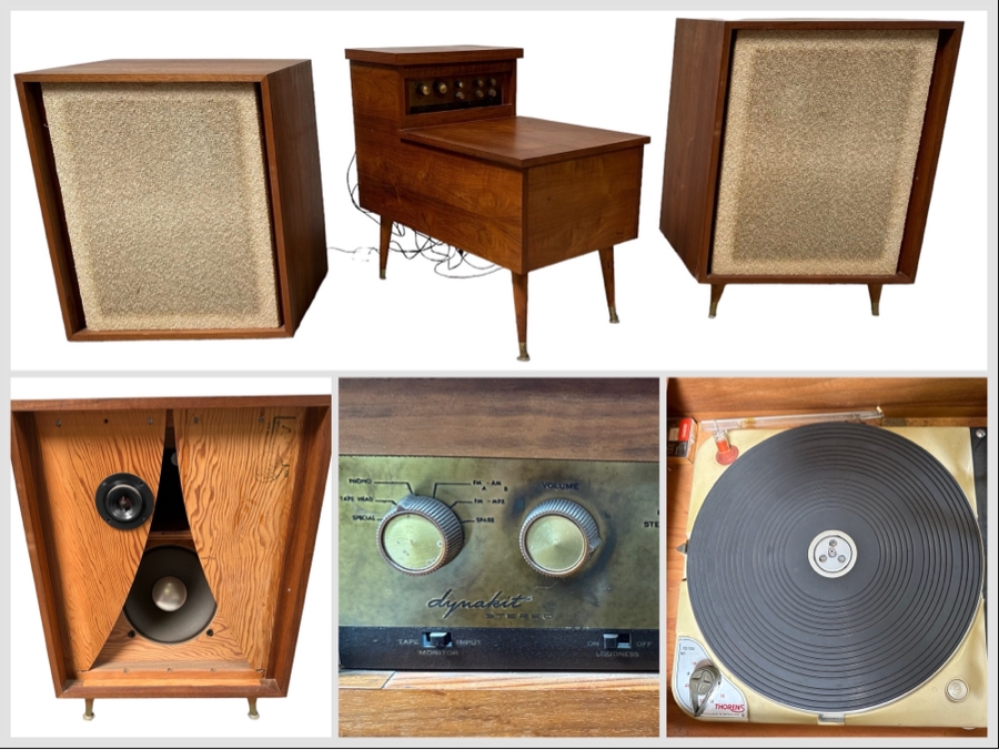 Rare Custom Mid-Century Hi-Fi Equipment John Karlson Style Speakers - Custom Mid-Century Enclosure With A Hinged Top Exposing A Thorens TD 124 Turntable Plus A DYNAKIT Model PAS Stereophonic Preamplifier Plus Tube Amplifier - Untested Equipment