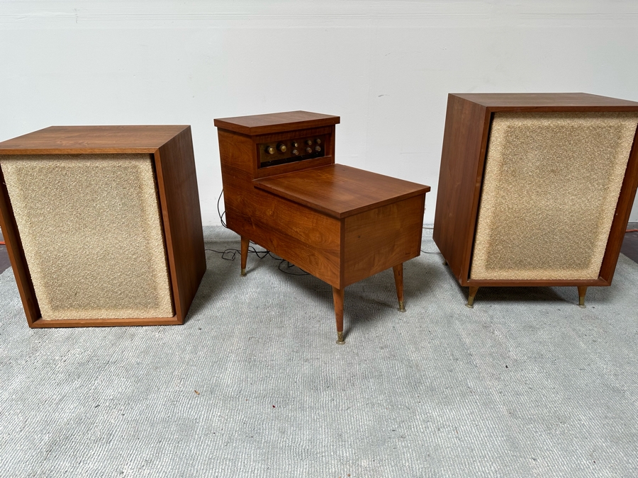 Rare Custom Mid-Century Hi-Fi Equipment John Karlson Style Speakers - Custom Mid-Century Enclosure With A Hinged Top Exposing A Thorens TD 124 Turntable Plus A DYNAKIT Model PAS Stereophonic Preamplifier Plus Tube Amplifier - Untested Equipment [Photo 7]