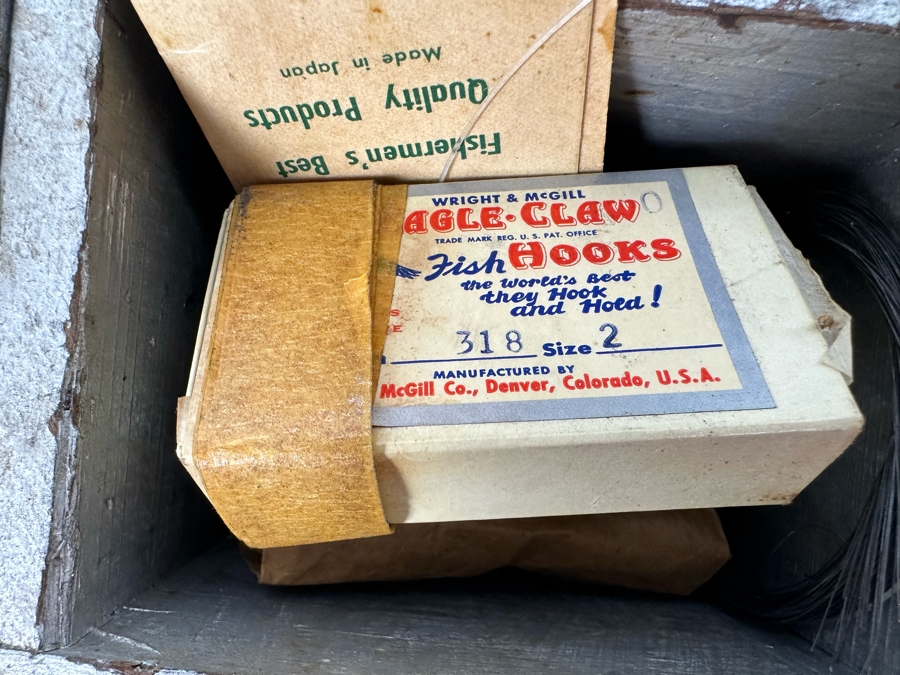 Vintage Wooden Fishing Tackle Box With Fishing Tackle 16W X 8D X 10H [Photo 5]