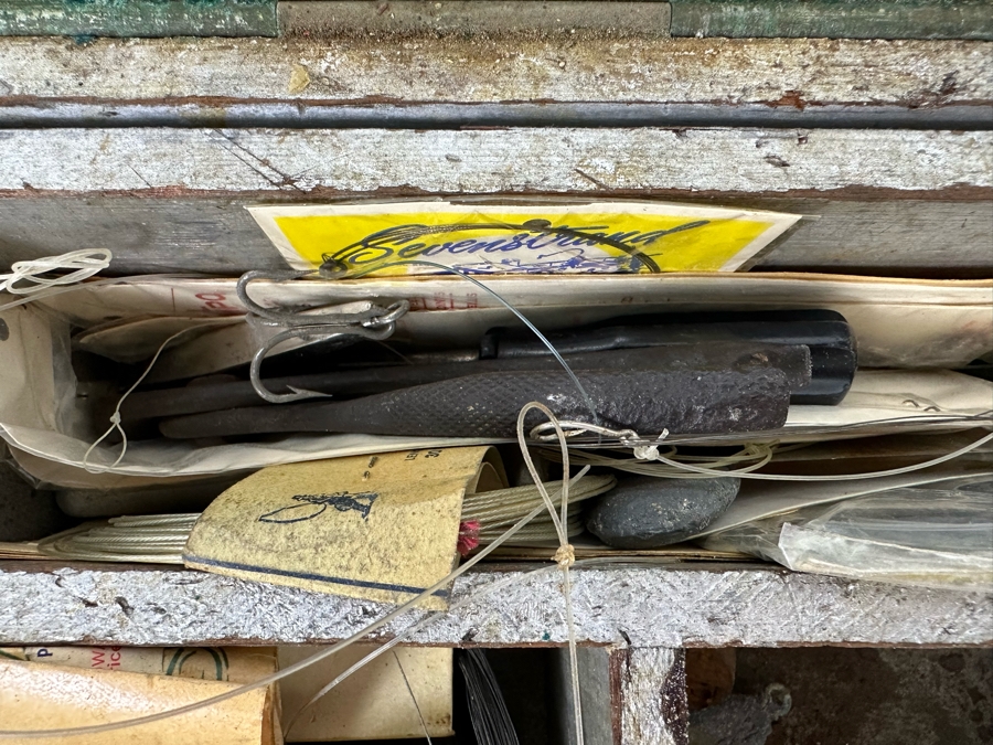 Vintage Wooden Fishing Tackle Box With Fishing Tackle 16W X 8D X 10H [Photo 4]