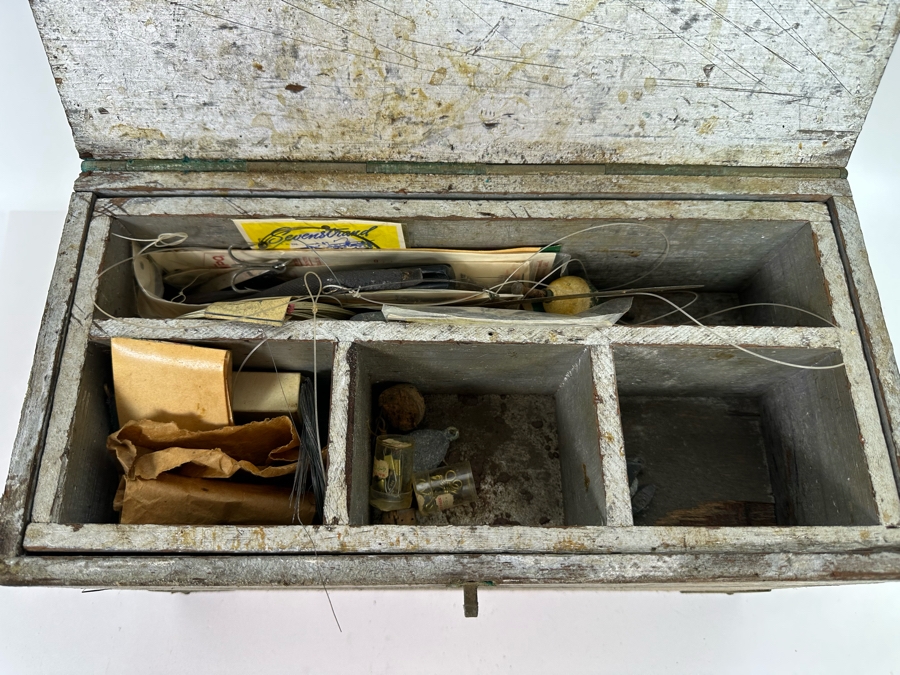 Vintage Wooden Fishing Tackle Box With Fishing Tackle 16W X 8D X 10H [Photo 3]