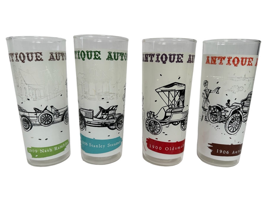 Set Of Four Antique Autos Glasses 6.5H