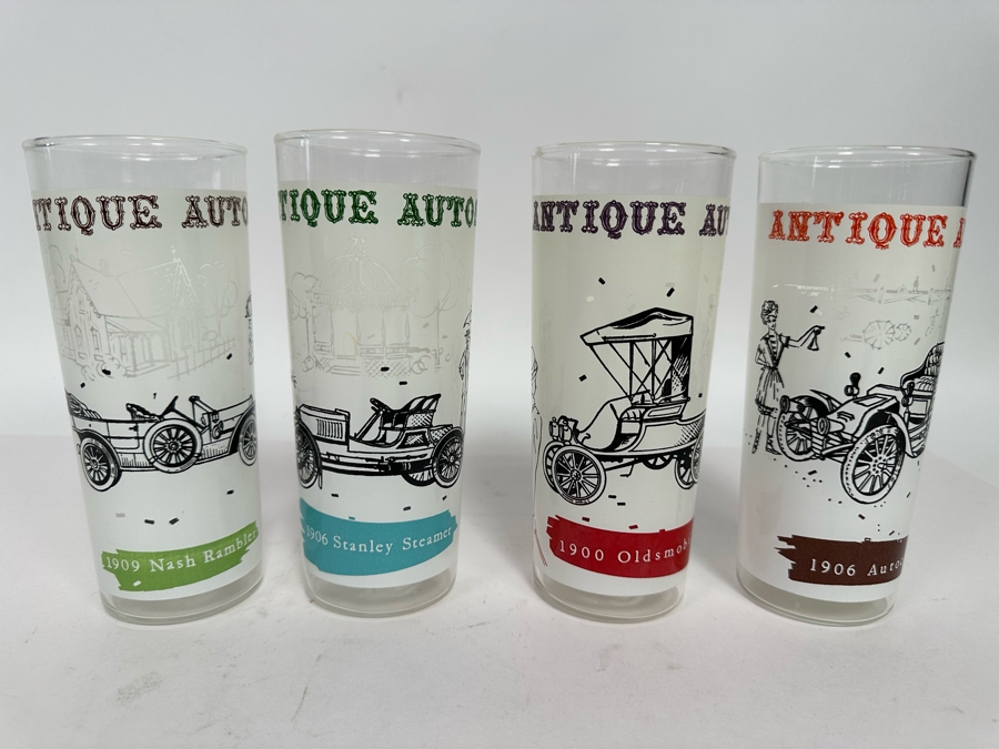 Set Of Four Antique Autos Glasses 6.5H [Photo 2]