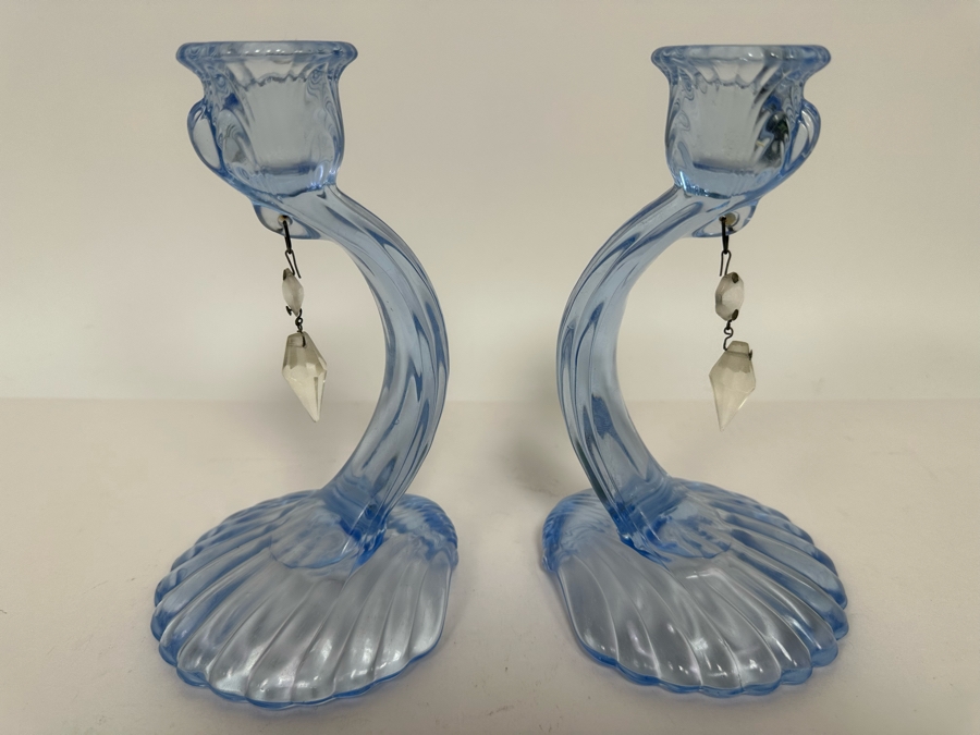 Pair Of Elegant Glass Cambridge Blue Caprice Candle Holders 7H [Photo 2]