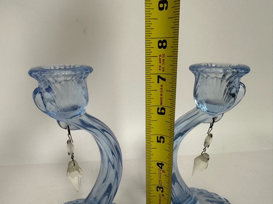 Pair Of Elegant Glass Cambridge Blue Caprice Candle Holders 7H [Photo 4]