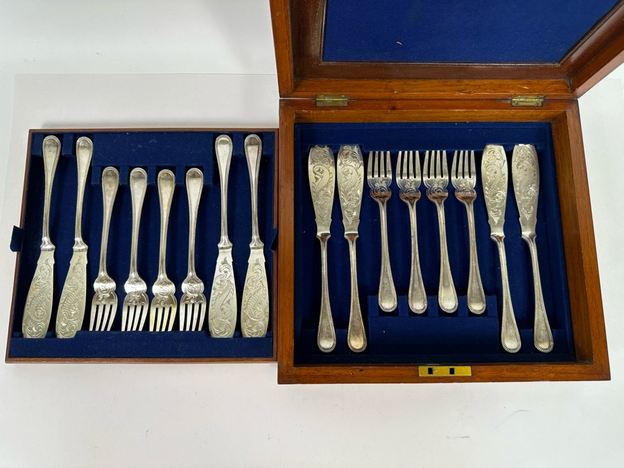 Antique Silverplate Fork And Knives Set 16 Pieces With Wooden 2-Tier Presentation Box 12W X 11D X 4H [Photo 4]