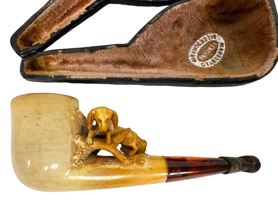 Antique Carved Meerschaum Smoking Pipe Featuring Dog Carving And Pipe Case 5W [Photo 1]