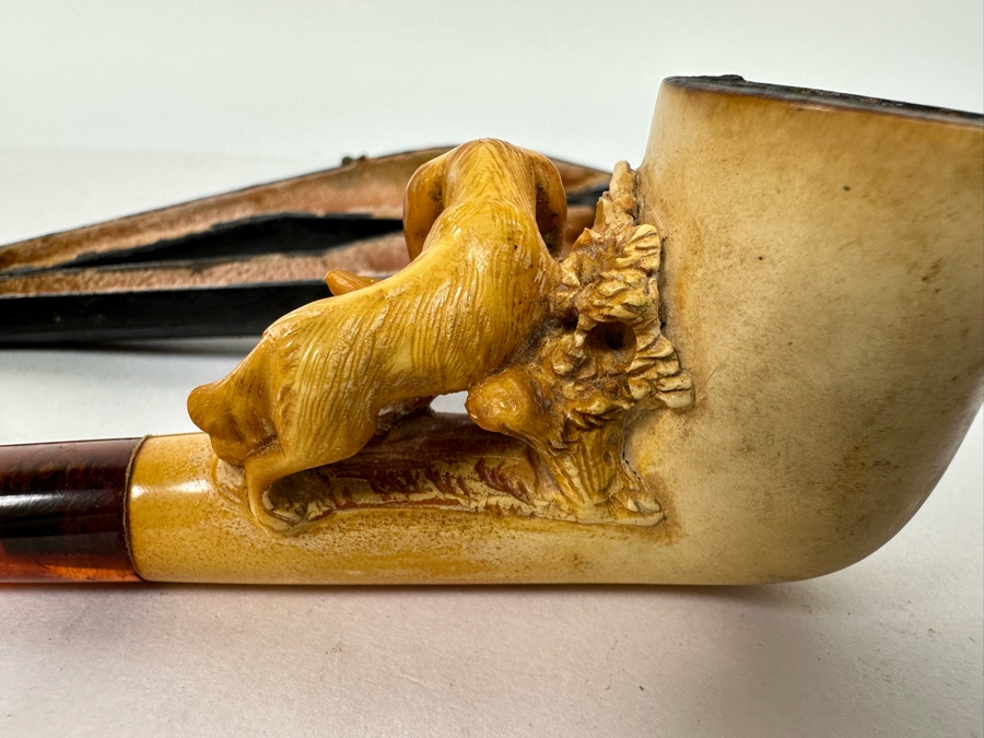 Antique Carved Meerschaum Smoking Pipe Featuring Dog Carving And Pipe Case 5W [Photo 9]