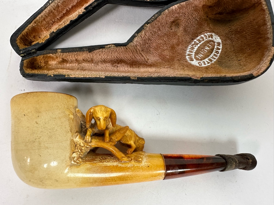 Antique Carved Meerschaum Smoking Pipe Featuring Dog Carving And Pipe Case 5W [Photo 2]