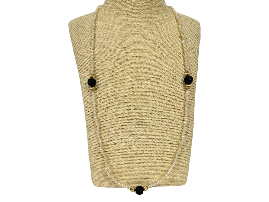 29' Pearl Necklace With 14K Gold Beads And Carved Amethyst Beads [Photo 1]