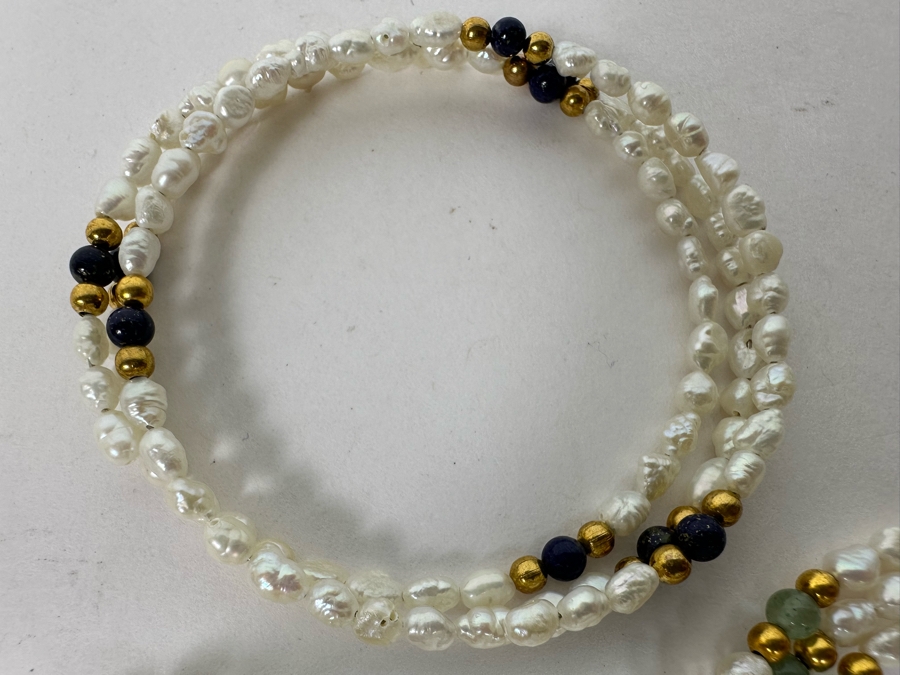Three Triple Pearl Gemstone Bracelets With 14K Gold Beads, Lapis Lazuli, Aventurine And Garnets 2.5W [Photo 6]