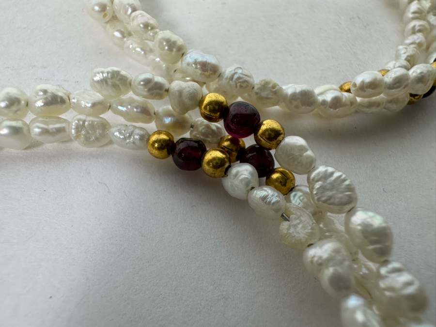 Three Triple Pearl Gemstone Bracelets With 14K Gold Beads, Lapis Lazuli, Aventurine And Garnets 2.5W [Photo 5]