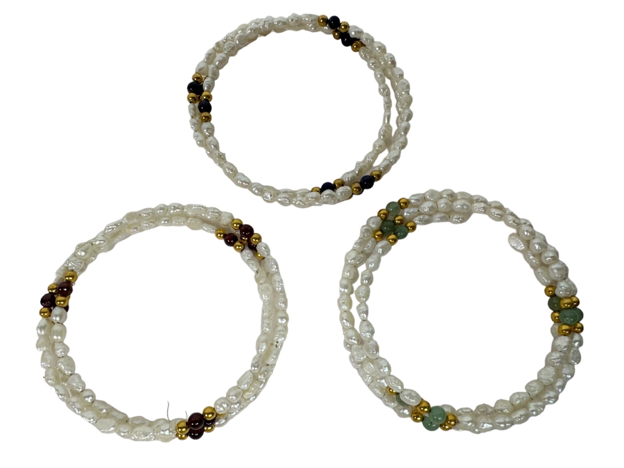 Three Triple Pearl Gemstone Bracelets With 14K Gold Beads, Lapis Lazuli, Aventurine And Garnets 2.5W [Photo 1]