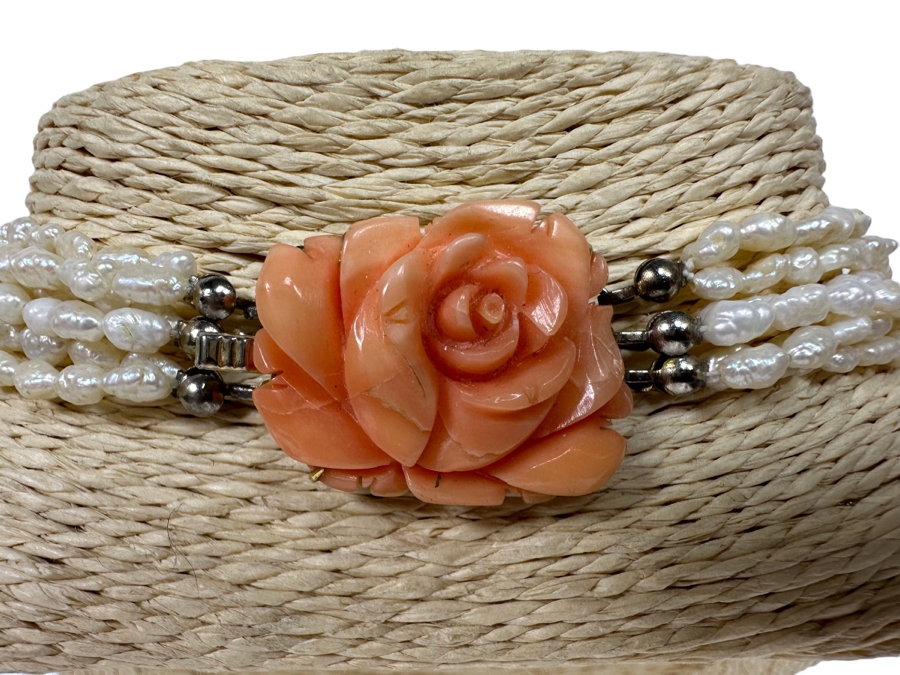 Multi-Strand Pearl 18' Necklace With Carved Coral Clasp [Photo 3]