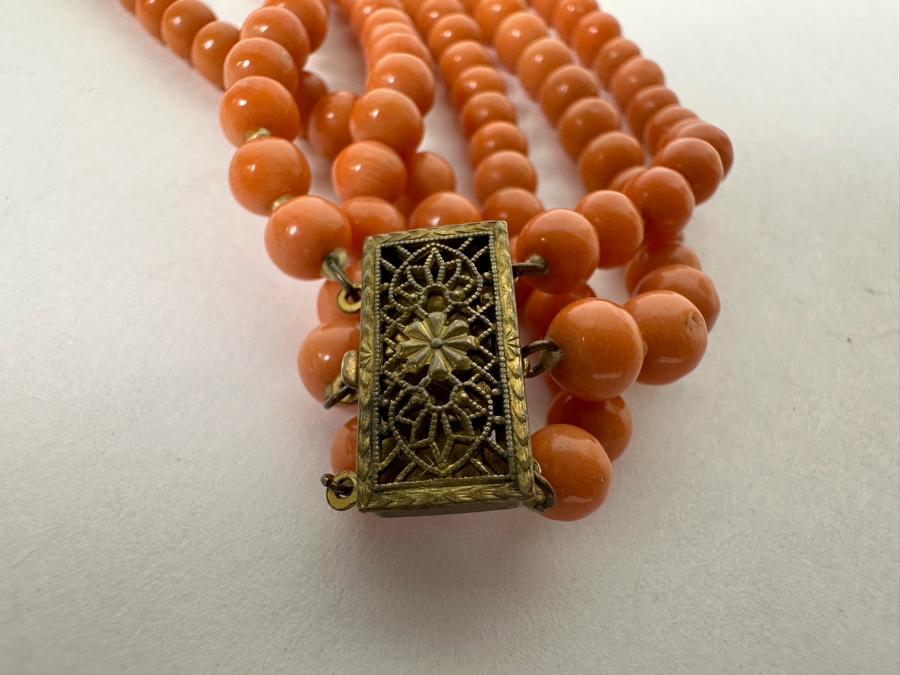 Genuine Mediterranean Triple Strand Coral 18' Neclace With Antique Filigree Clasp [Photo 8]
