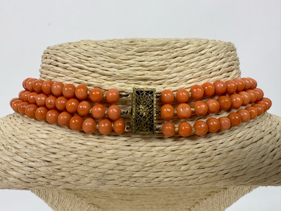 Genuine Mediterranean Triple Strand Coral 18' Neclace With Antique Filigree Clasp [Photo 6]