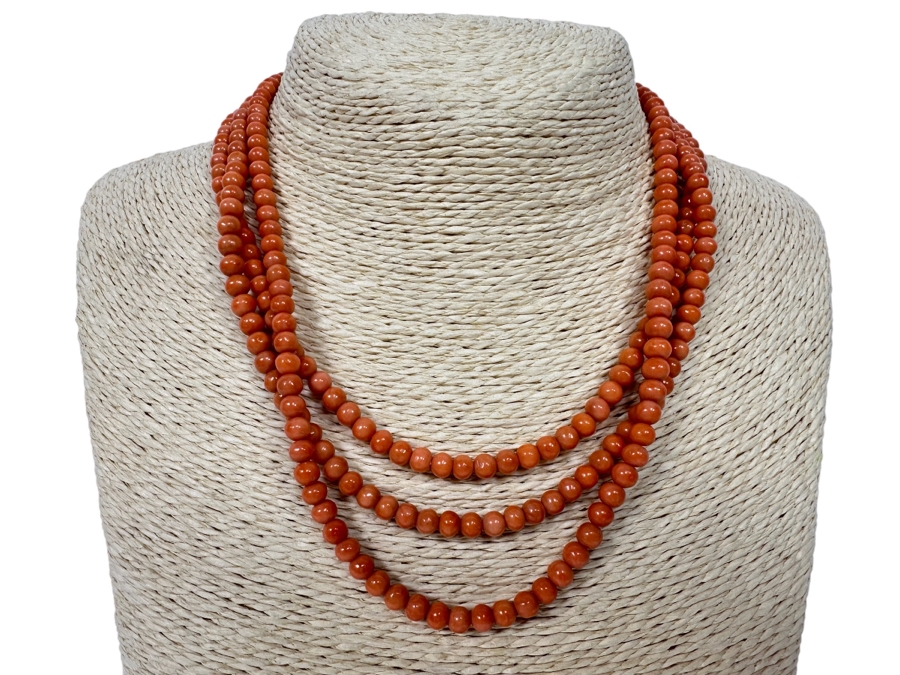 Genuine Mediterranean Triple Strand Coral 18' Neclace With Antique Filigree Clasp [Photo 1]