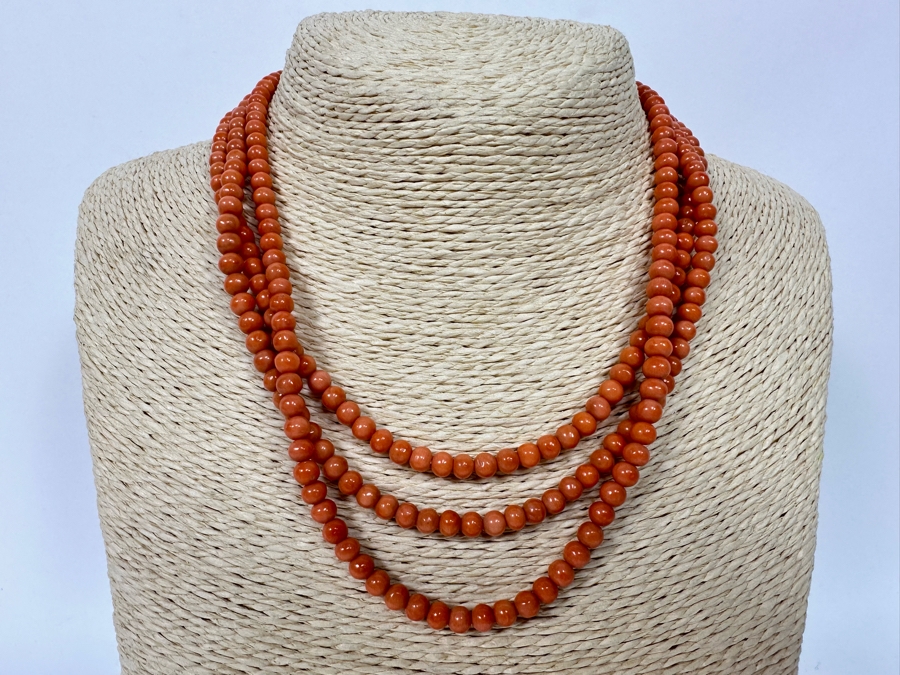 Genuine Mediterranean Triple Strand Coral 18' Neclace With Antique Filigree Clasp [Photo 4]