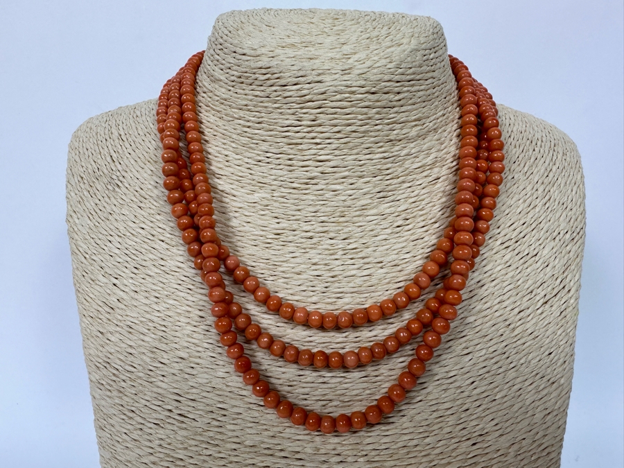 Genuine Mediterranean Triple Strand Coral 18' Neclace With Antique Filigree Clasp [Photo 3]
