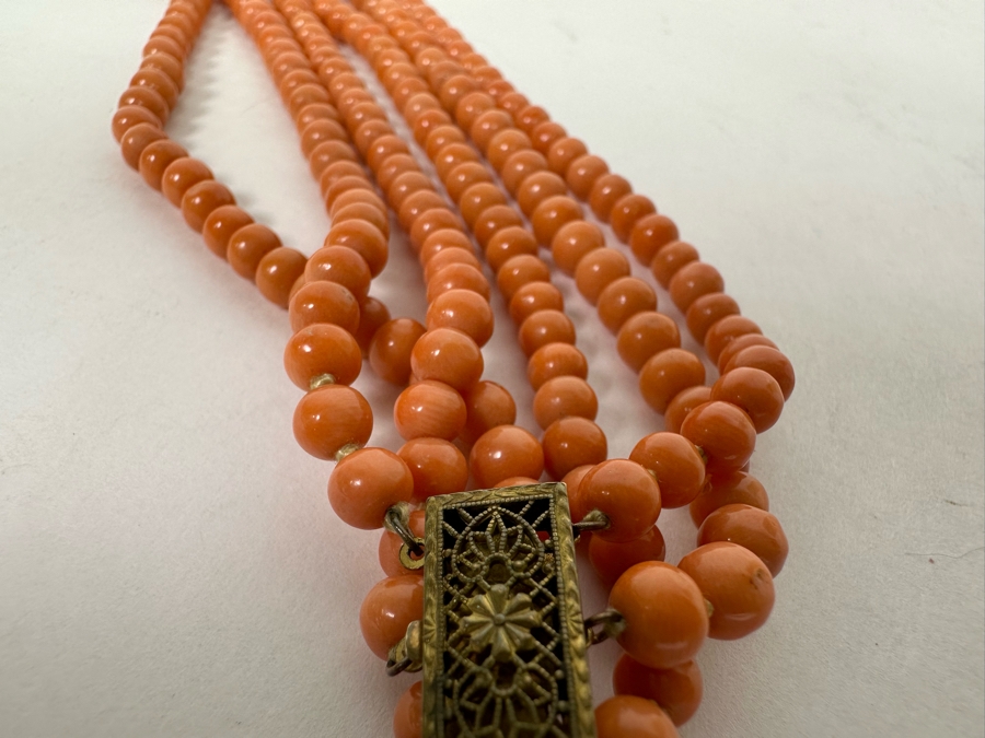 Genuine Mediterranean Triple Strand Coral 18' Neclace With Antique Filigree Clasp [Photo 9]