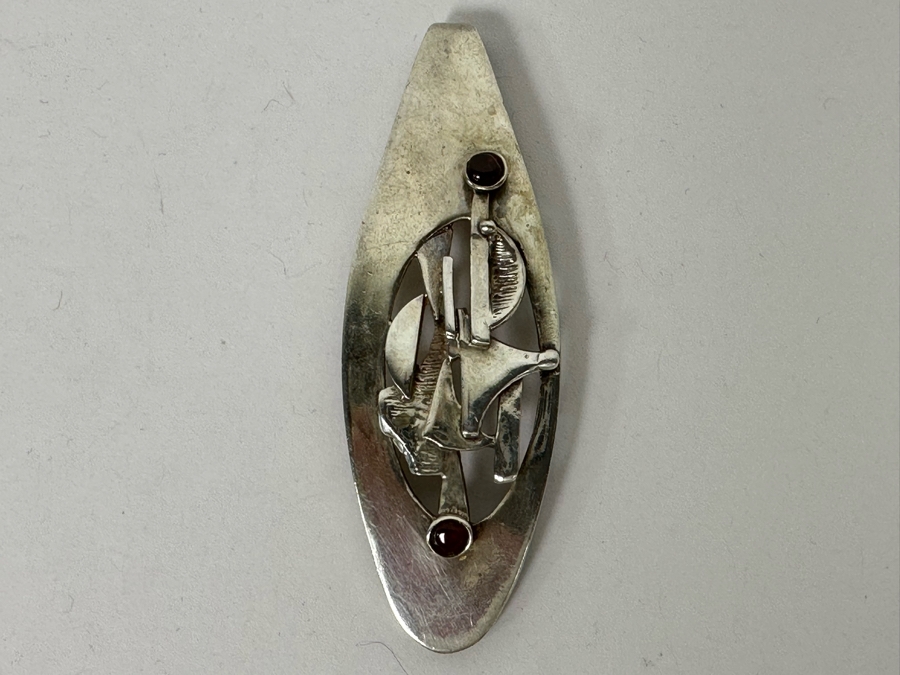 Vintage Mid-Century Modern Sterling Silver Slider Pendant With Two Cabochon Garnets Made In Israel 3L 21.1g [Photo 2]