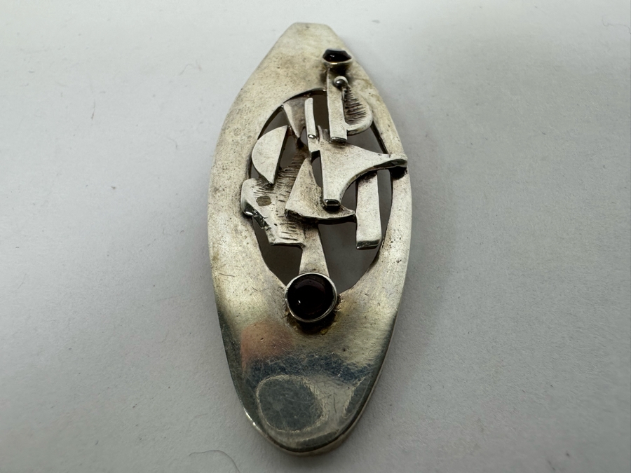 Vintage Mid-Century Modern Sterling Silver Slider Pendant With Two Cabochon Garnets Made In Israel 3L 21.1g [Photo 6]