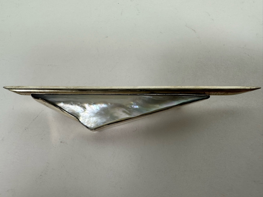 Mid-Century Modern Sterling Silver European Mother Of Pearl Brooch Pin 17.6g [Photo 2]