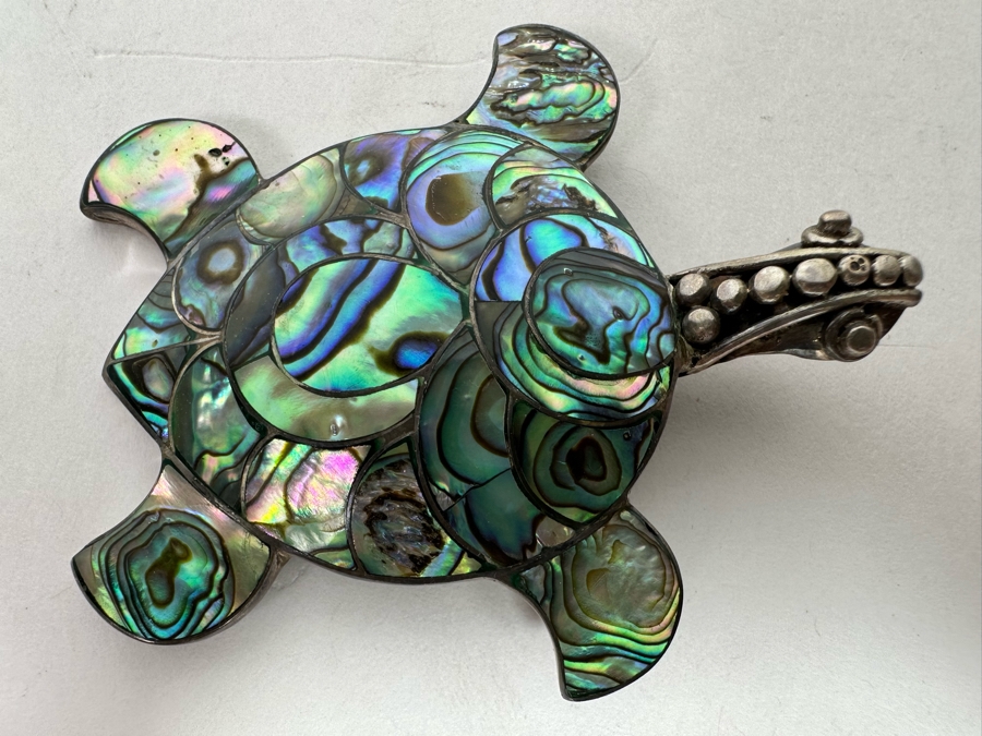 Sterling Silver Mother Of Pearl Inlay Brooch Pin Pendant 17.5g [Photo 3]