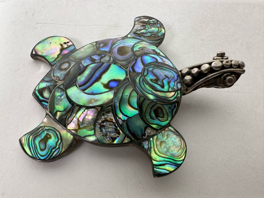 Sterling Silver Mother Of Pearl Inlay Brooch Pin Pendant 17.5g [Photo 2]