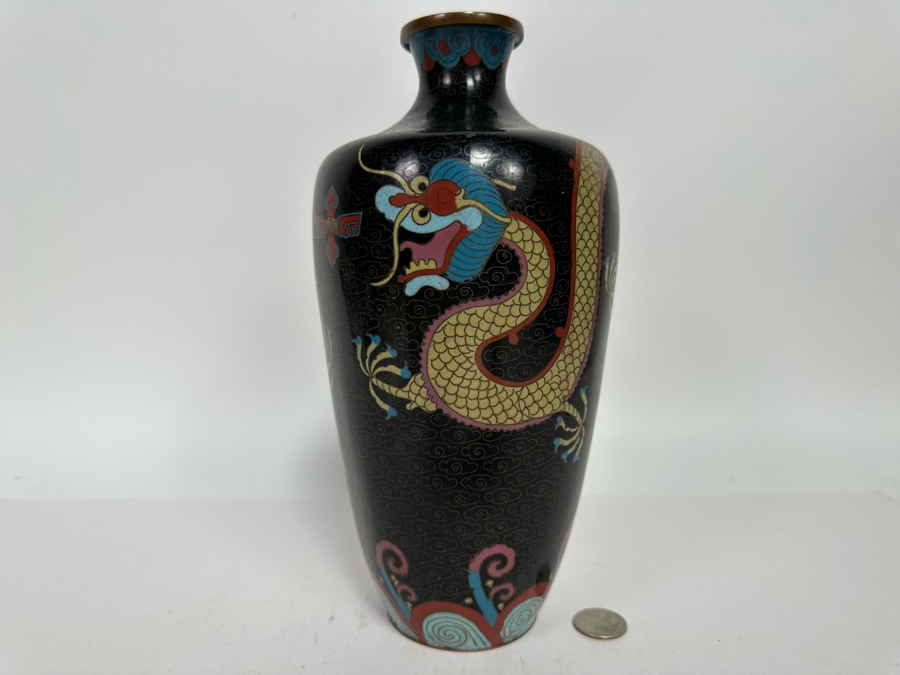 Antique Chinese 19th Century Cloisonne Vase Featuring Pair Of Dragons Framing Pearl 10.5H [Photo 3]