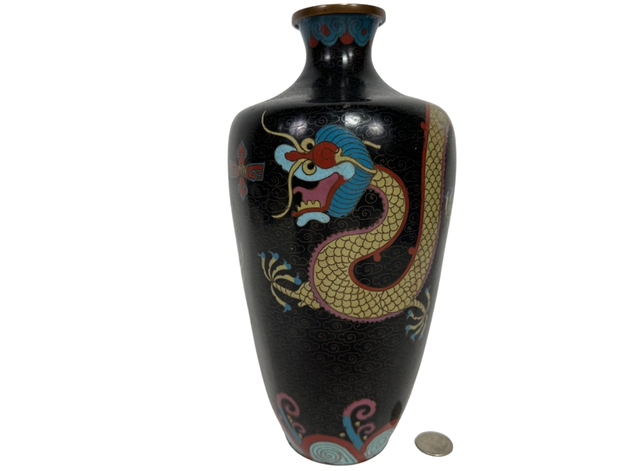 Antique Chinese 19th Century Cloisonne Vase Featuring Pair Of Dragons Framing Pearl 10.5H [Photo 1]
