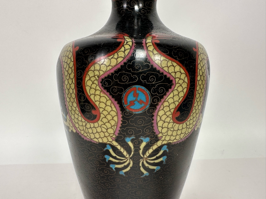 Antique Chinese 19th Century Cloisonne Vase Featuring Pair Of Dragons Framing Pearl 10.5H [Photo 10]