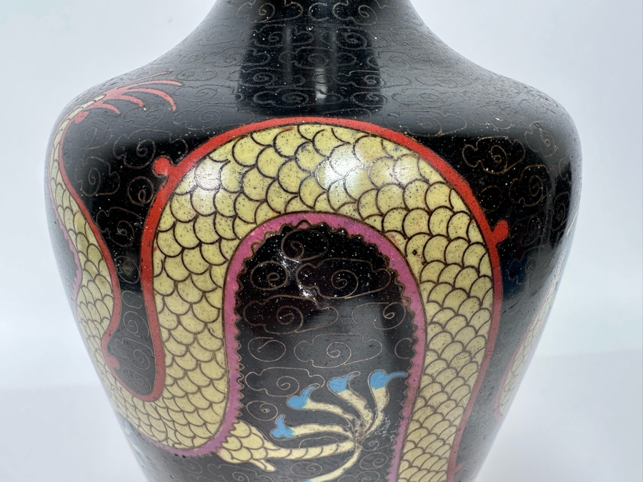 Antique Chinese 19th Century Cloisonne Vase Featuring Pair Of Dragons Framing Pearl 10.5H [Photo 8]