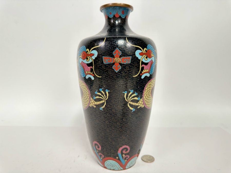 Antique Chinese 19th Century Cloisonne Vase Featuring Pair Of Dragons Framing Pearl 10.5H [Photo 20]