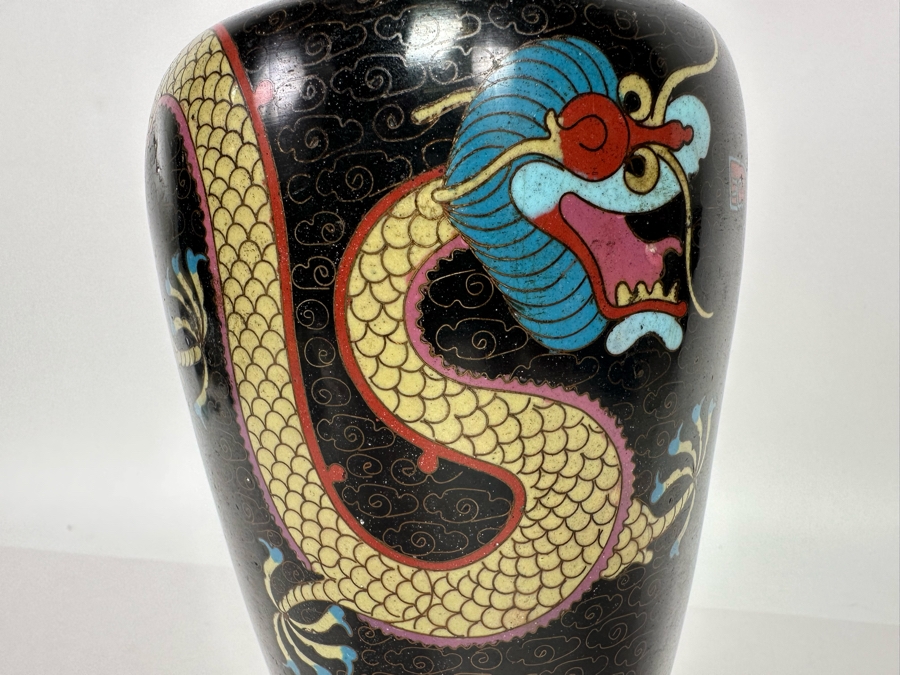 Antique Chinese 19th Century Cloisonne Vase Featuring Pair Of Dragons Framing Pearl 10.5H [Photo 7]