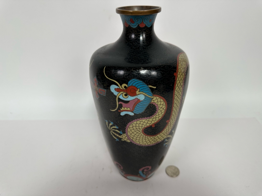 Antique Chinese 19th Century Cloisonne Vase Featuring Pair Of Dragons Framing Pearl 10.5H [Photo 4]