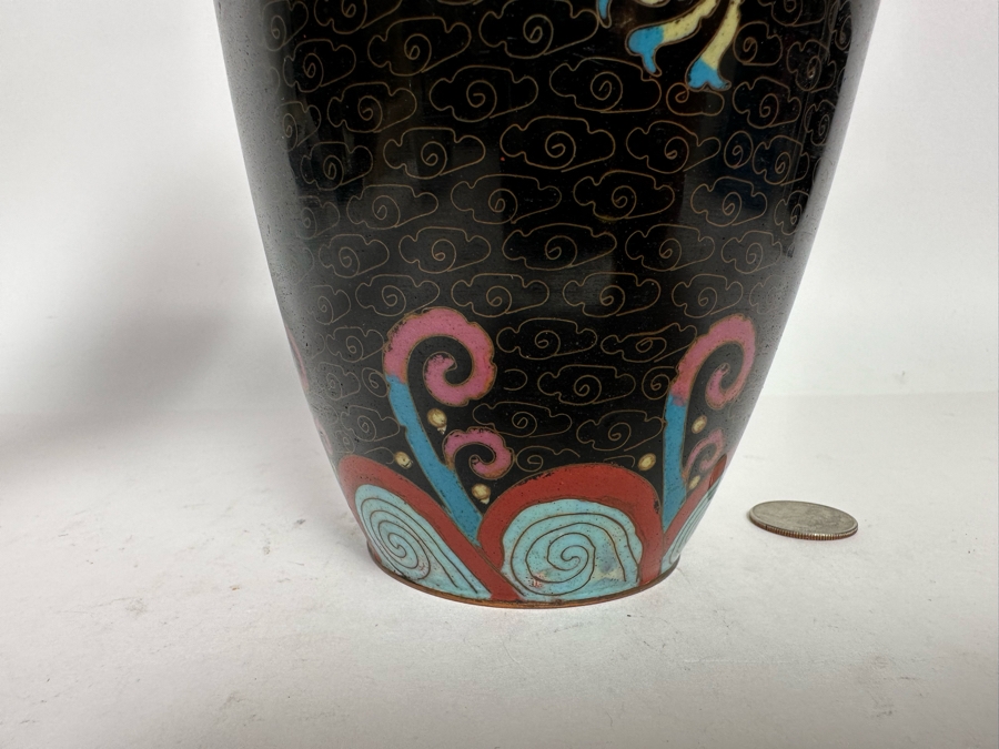 Antique Chinese 19th Century Cloisonne Vase Featuring Pair Of Dragons Framing Pearl 10.5H [Photo 12]