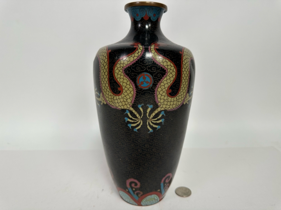 Antique Chinese 19th Century Cloisonne Vase Featuring Pair Of Dragons Framing Pearl 10.5H [Photo 9]