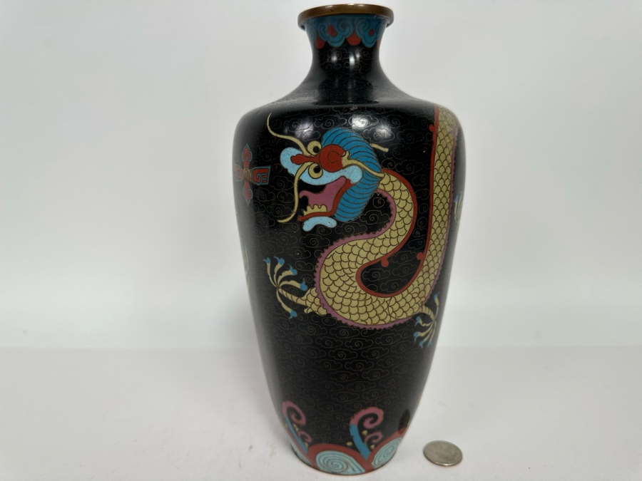 Antique Chinese 19th Century Cloisonne Vase Featuring Pair Of Dragons Framing Pearl 10.5H [Photo 2]