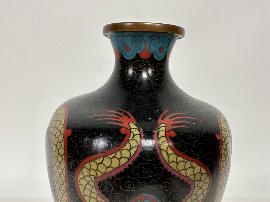 Antique Chinese 19th Century Cloisonne Vase Featuring Pair Of Dragons Framing Pearl 10.5H [Photo 11]