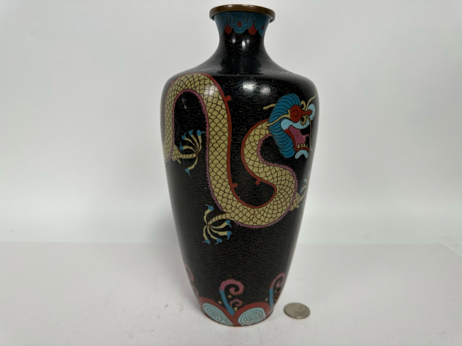 Antique Chinese 19th Century Cloisonne Vase Featuring Pair Of Dragons Framing Pearl 10.5H [Photo 6]