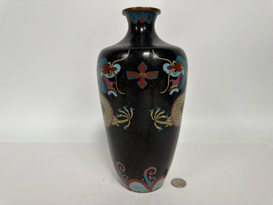 Antique Chinese 19th Century Cloisonne Vase Featuring Pair Of Dragons Framing Pearl 10.5H [Photo 5]