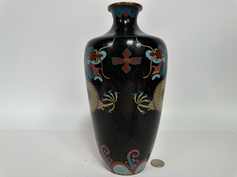 Antique Chinese 19th Century Cloisonne Vase Featuring Pair Of Dragons Framing Pearl 10.5H [Photo 19]